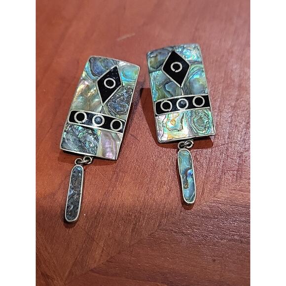 Vintage Silver Alpaca Mexico Dangle Earrings Abalone Inlay Rectangle - Picture 2 of 11